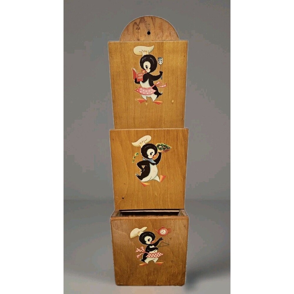 Vintage 3 Tier Letter Holder Wooden Wall Mounted Penguin Accents Kitchen Decor